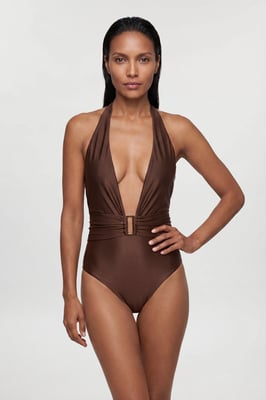 Metallic Halter Neck Hardware Detail Plunge Swimsuit