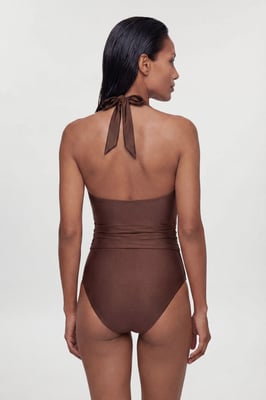 Metallic Halter Neck Hardware Detail Plunge Swimsuit