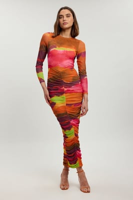 Marbled Print Mesh Ruched Maxi Dress