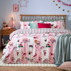 Furn Passport To The North Pole Christmas Reversible Duvet Cover Set, Candy Floss/Linen
