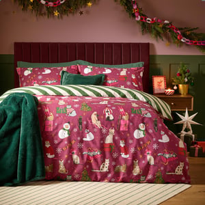 Furn Feline Festive Reversible Christmas Duvet Cover Set, Purrgundy