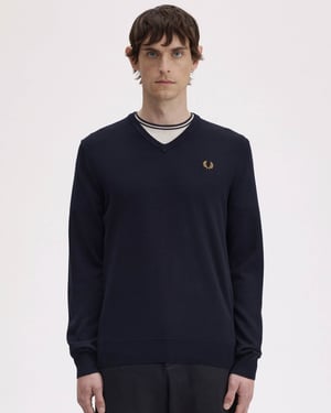 Regular Fit Long Sleeve V Neck Jumper in Dark Navy
