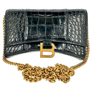 Balenciaga Croc Embossed Hourglass Wallet on Chain in Black Leather