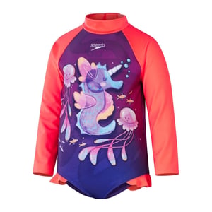Girls Speedo Frill Aquatic Print Cartoon Swimsuit in Purple/Pink