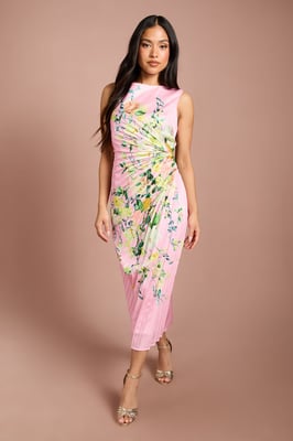 Petite Lisa Tan Pleated Floral Midi Dress With Pleat Detail
