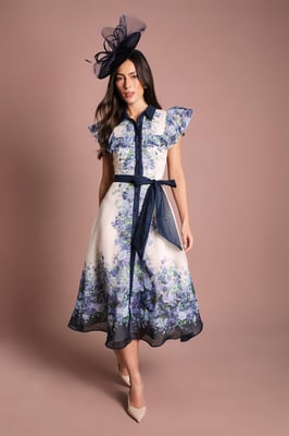 Placement Print Frill Sleeve Belted Midi Dress