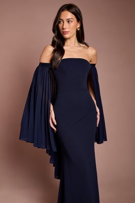 Strapless Maxi Dress With Pleated Chiffon Cape