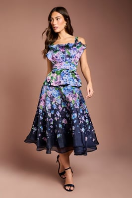 Organza Floral Ruffle Fan Detail Top