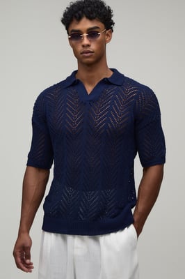 Relaxed Fit Open Stitch Knitted Polo