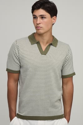 Regular Fit V Neck Houndstooth Knitted Polo