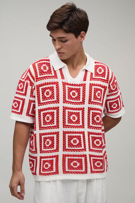 Oversized Boxy Crochet Tapestry Knitted Polo