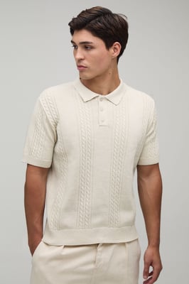 Regular Fit Cotton Blend Cable Knitted Polo