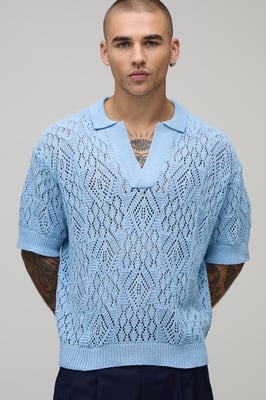 Oversized Boxy Diamond Crochet Cotton Blend Knitted Polo