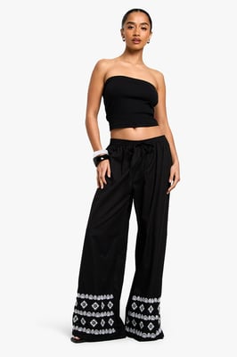 Petite Wide Leg Broderie Hem Trouser