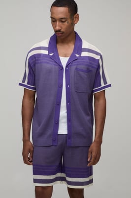 Relaxed Open Stitch Striped Knitted Shirt and Short Set
