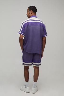 Relaxed Open Stitch Striped Knitted Shirt and Short Set