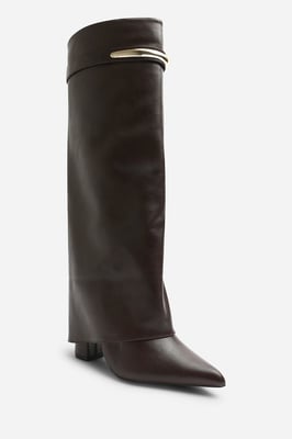 Wheres That From Womens Nareva Fold Over Shark Block Heel Point Toe Boots With Trim Detail