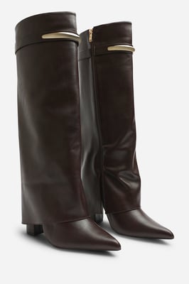 Wheres That From Womens Nareva Fold Over Shark Block Heel Point Toe Boots With Trim Detail