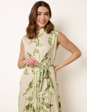 Leaf Print Collarless Shirt Dress With Belted Waist