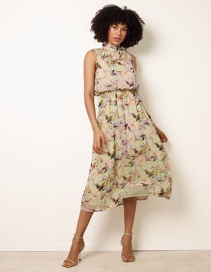 Watercolour Printed Sleeveless Midi Dress