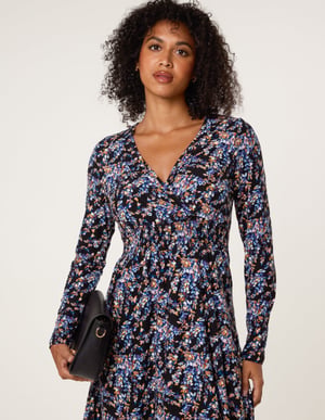 Floral V Neck Wrap Long Sleeve Midi Dress