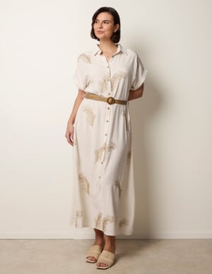 Linen Belted Dress With Feather Embroidery