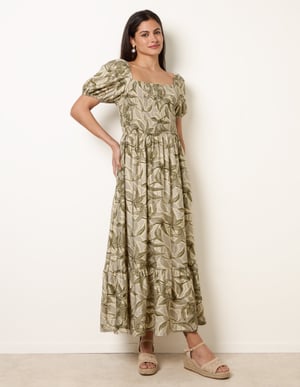 Large Floral Printed Square Neck Puff Sleeve Dress