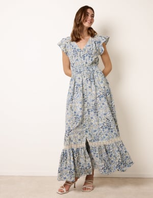 Ditsy Floral Print Shirred Waist Button Front Maxi Dress