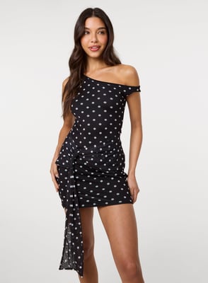 Polka Dot Tie Side Mesh Bodycon Dress