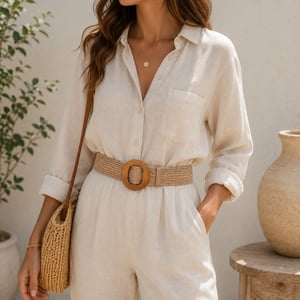 Women’s Woven Elastic Dress Belt Straw-Look Waist Belt with Wooden Buckle in Chocolate