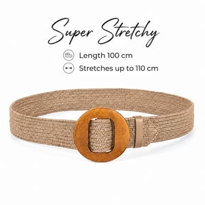 Women’s Woven Elastic Dress Belt Straw-Look Waist Belt with Wooden Buckle in Chocolate