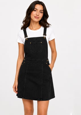Black Suedette Dungaree Pinafore Dress