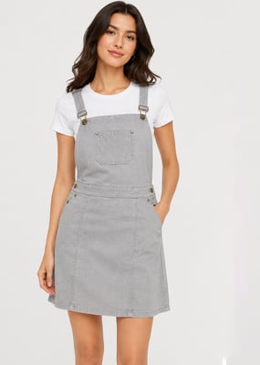 Grey Square Neck Suede Pinafore Skater Bib Mini Dress