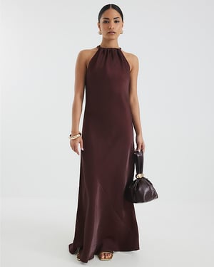River Island Womens Maxi Dress Petite Brown Satin Halter Neck