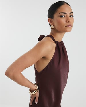 River Island Womens Maxi Dress Petite Brown Satin Halter Neck