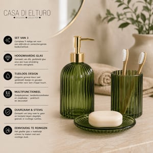 Casa di Elturo Badkamerset verde – 3-delig – donker glas – zeepdispenser 480 ml