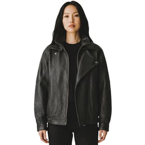 Womens Black Lamb Leather Big Bomber Biker Blouson Oversized Jacket - Krakow