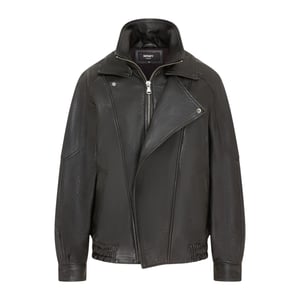 Womens Black Lamb Leather Big Bomber Biker Blouson Oversized Jacket - Krakow