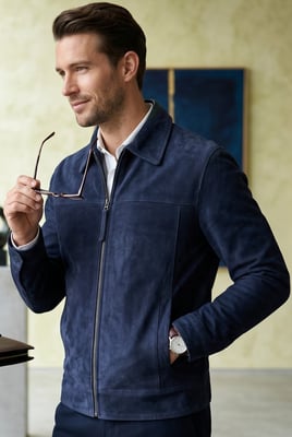 Mens Navy Goat Suede Leather Harrington Biker Jacket - Ridge