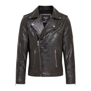 Mens Black Cow Leather Alligator Print Embossed Biker Jacket - Rot