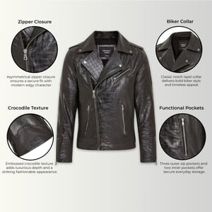 Mens Black Cow Leather Alligator Print Embossed Biker Jacket - Rot