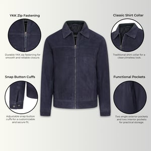 Mens Navy Goat Suede Leather Harrington Biker Jacket - Berlin