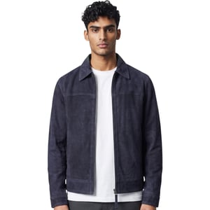 Mens Navy Goat Suede Leather Harrington Biker Jacket - Bursa
