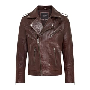 Mens Brown Cow Leather Alligator Print Embossed Biker Jacket - Rot