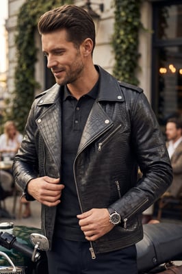 Mens Black Cow Leather Alligator Print Embossed Biker Jacket - Forge
