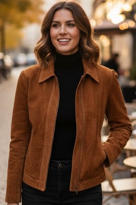 Women’s Tan Suede Leather Bomber Blouson Varsity Jacket - Stella
