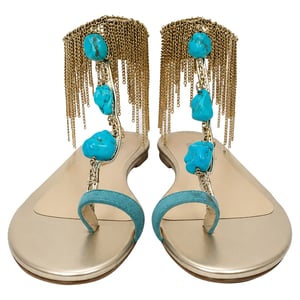 Jimmy Choo Fringed Chain Accent Flat Sandals in Gold Leather