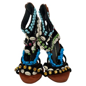 Giuseppe Zanotti Seashell, Rhinestone and Bead Embellished Sandals in Brown Suede