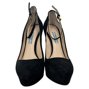 Prada Ankle Strap Platform Pumps in Black Suede