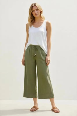 Per Una Khaki Crinkle Texture Wide Leg Culottes